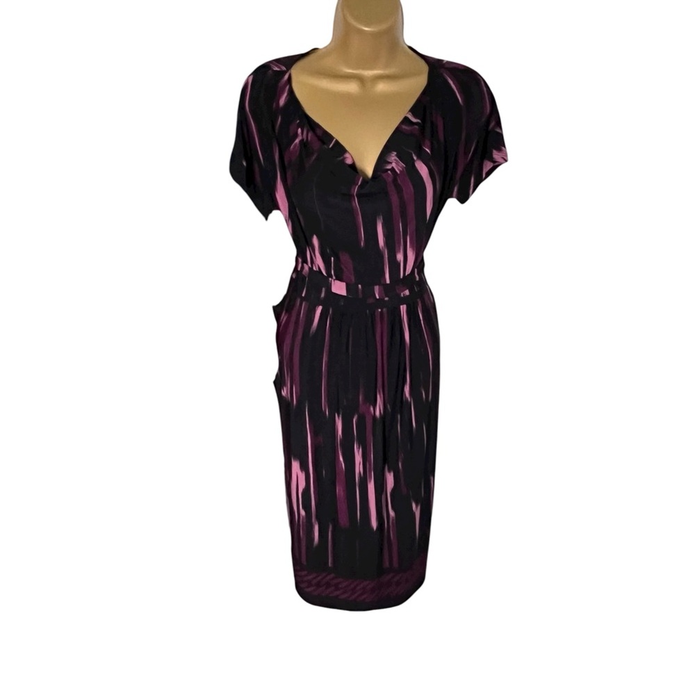 Liz Lange Maternity Dress Belted Abstract Print Purple Black XS